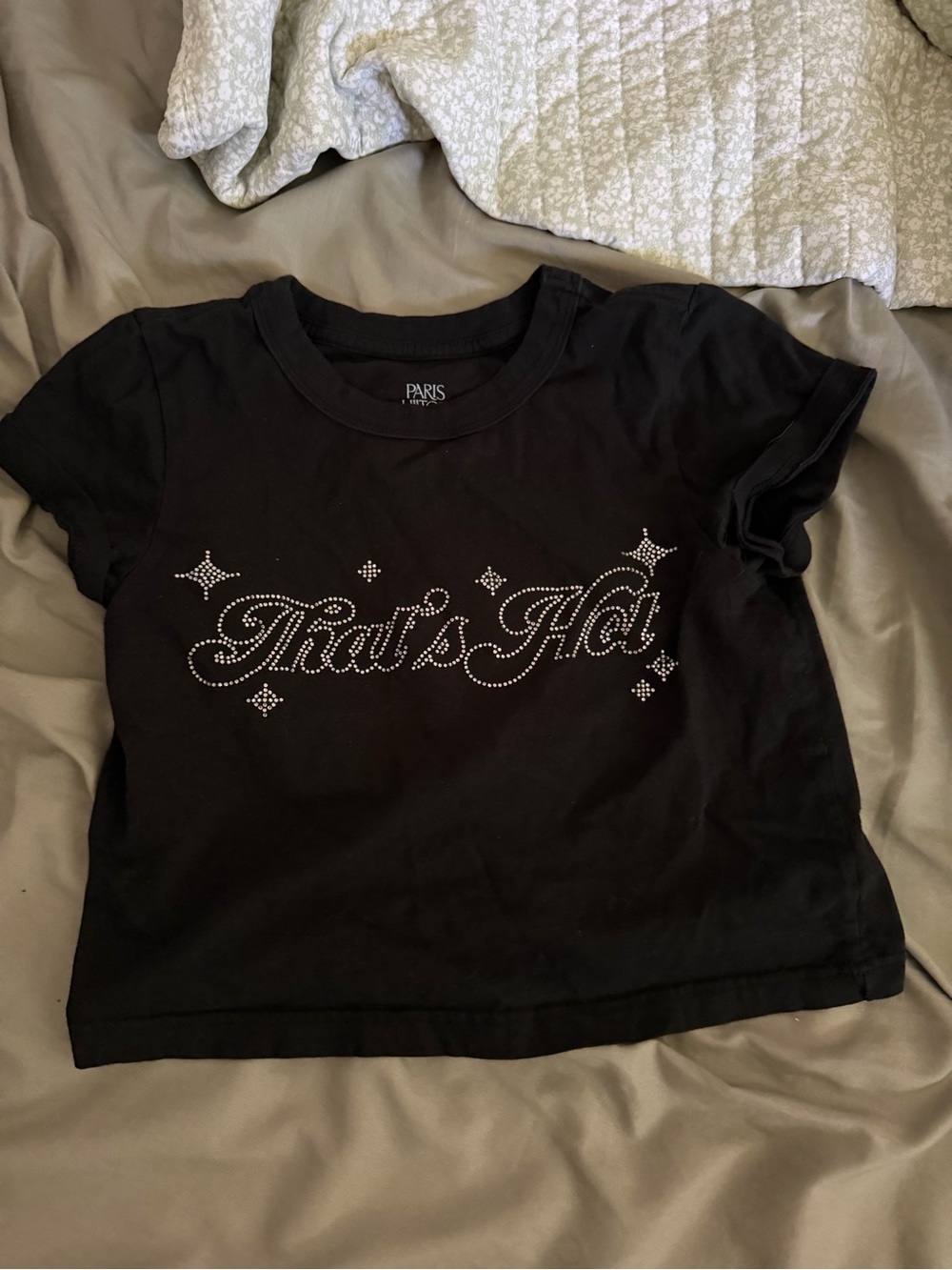 Paris Hilton Black Tee with Silver Rhinestone "That's Hot"
